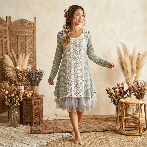 Ryu Dresses & Skirts - Ryu Sage Green Lace Tulle Hem Tunic Dress Long Sleeve Floral Mixed Media Small